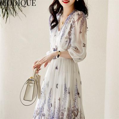 MODIQUE Lato Plus Size Nowa sukienka koszula damska Luźne podstawy Drukowanie Kwiatowa szyfonowa bawełniana lniana sukienka Elegancka dama Casual Sukienki damskie Dekolt w kształcie litery V