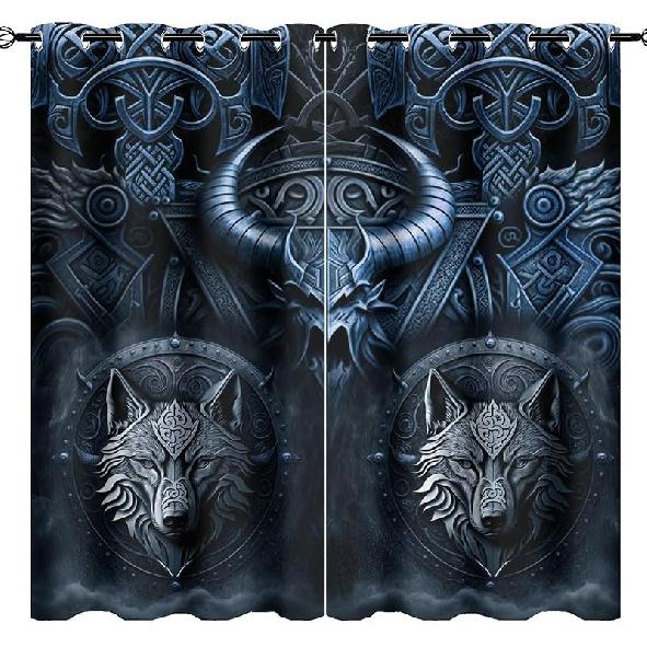 Retro Ancient Vikings Blackout Curtain Rustic Norse Mythology Mystical Symbol Print Grommet Window Insulated NoiseDrapes Decor for Bedroom Living