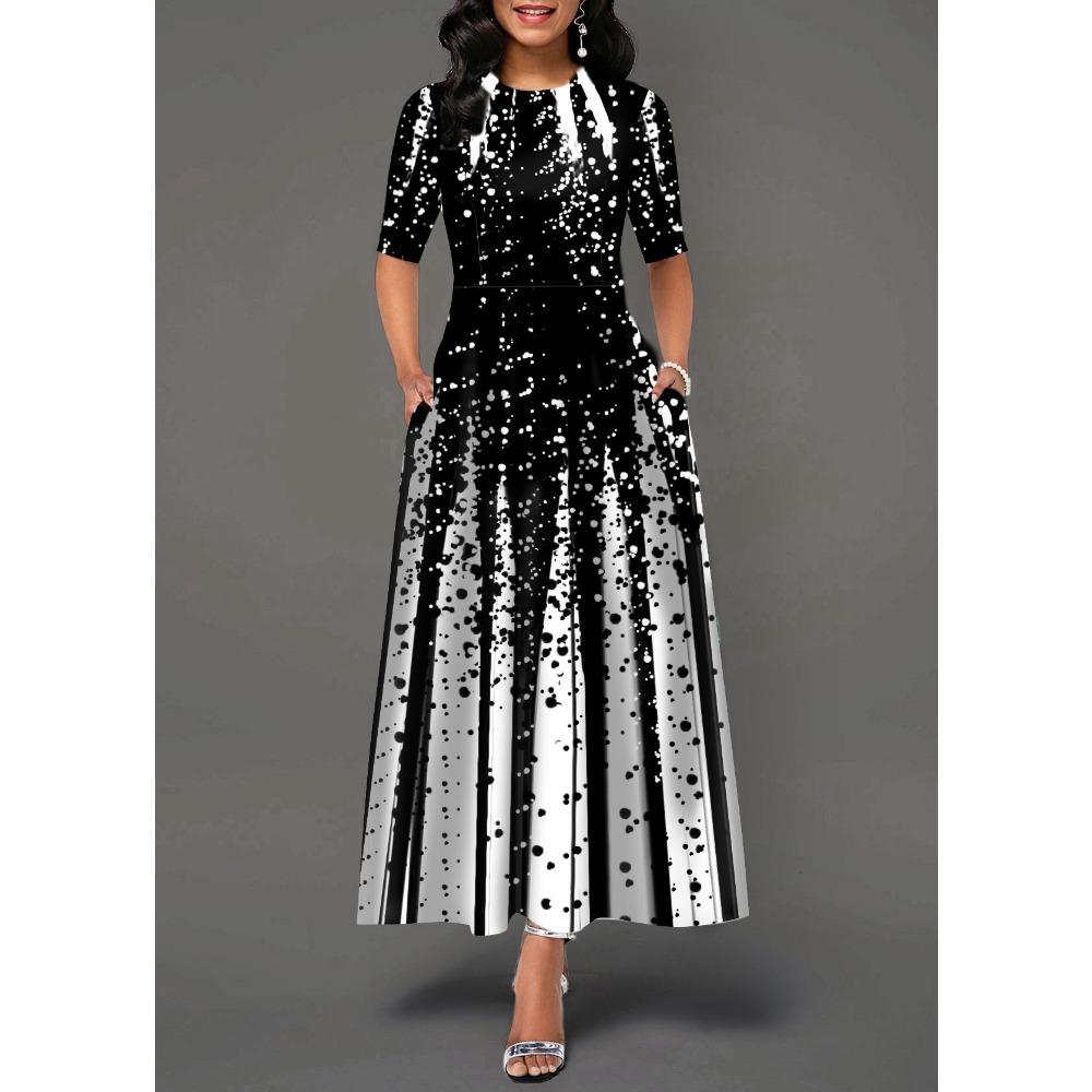 

2024 Новое женское модное платье с индивидуальным градиентным принтом, круглым вырезом, средним рукавом и большим свободным кроем 5XL