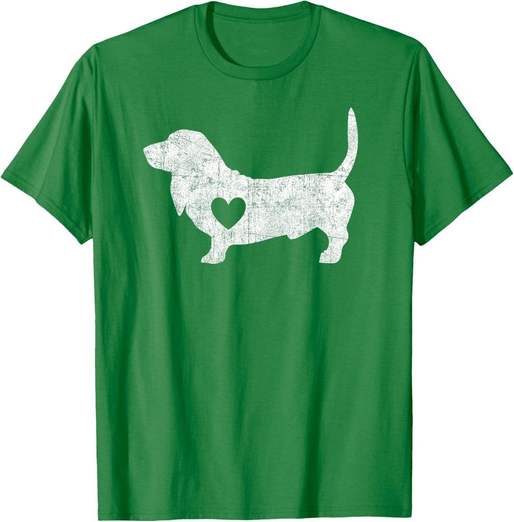 Basset Hound Heart Silhouette Distressed Graphic Tee Cotton Casual Short Sleeve T-Shirt for Men Women