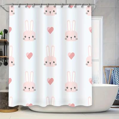 Cute Rabbit Heart Print Shower Curtain for Bathroom Decoration In Various Sizes Pink White Animal Design Polyester Fabric Waterp