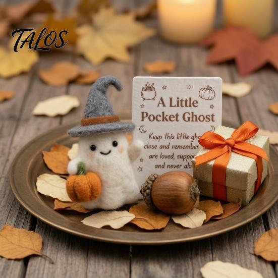 Handmade Wool Felt Ghost Little Pocket Ghost, Halloween Felted with Pumpkin, Mini Desk Ornament Plush Doll Inspirational Card, Emotional Support Gift
