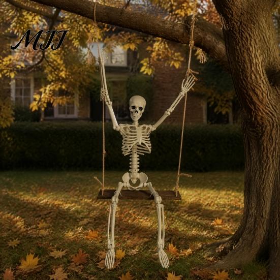 Indoor Outdoor Party Ornament Halloween Swinging Skeleton Decoration, 35" Large Spooky Hanging with Creepy Porch Decoration Wooden Swing for