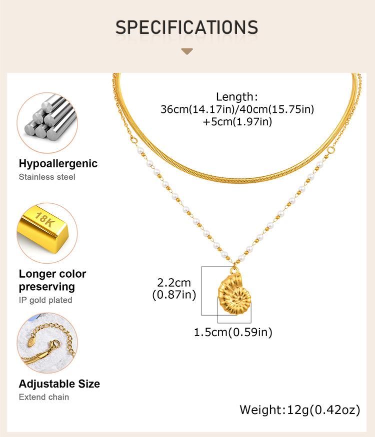 Double Layered Beads Chain Starfish Pendants Ocean Conch Pendant Necklace, Stainless Steel Summer Waterproof Jewelry