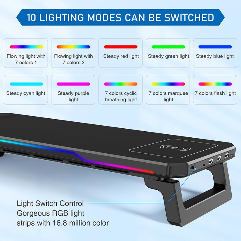 Schreibtisch-PC-Monitorständer Halterung Computerbildschirm Erhöhung Halter USB-HUB Mit RGB-Atmosphärenlampe Maus Tastatur Aufbewahrungs Organizer