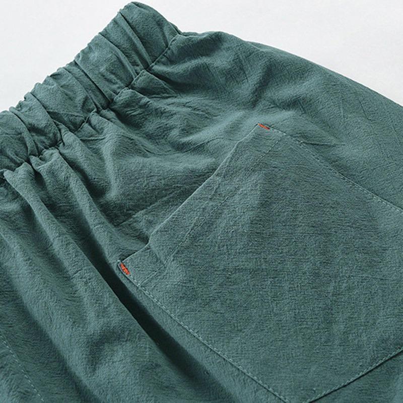 Pánské volné vázané bavlněné plátěné kalhoty pro volný čas plážové kalhoty s elastickým pasem plátěné zkrácené kalhoty