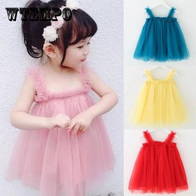 Children Dress Spring Summer Sling Kids Clothing  Baby Girls Clothing Yarn Sleeveless Dress Girl