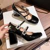 Black High Heels Women's New Rhinestone Mary Jane Shoes Light Mouth Small Leather Shoes Single Shoes Children