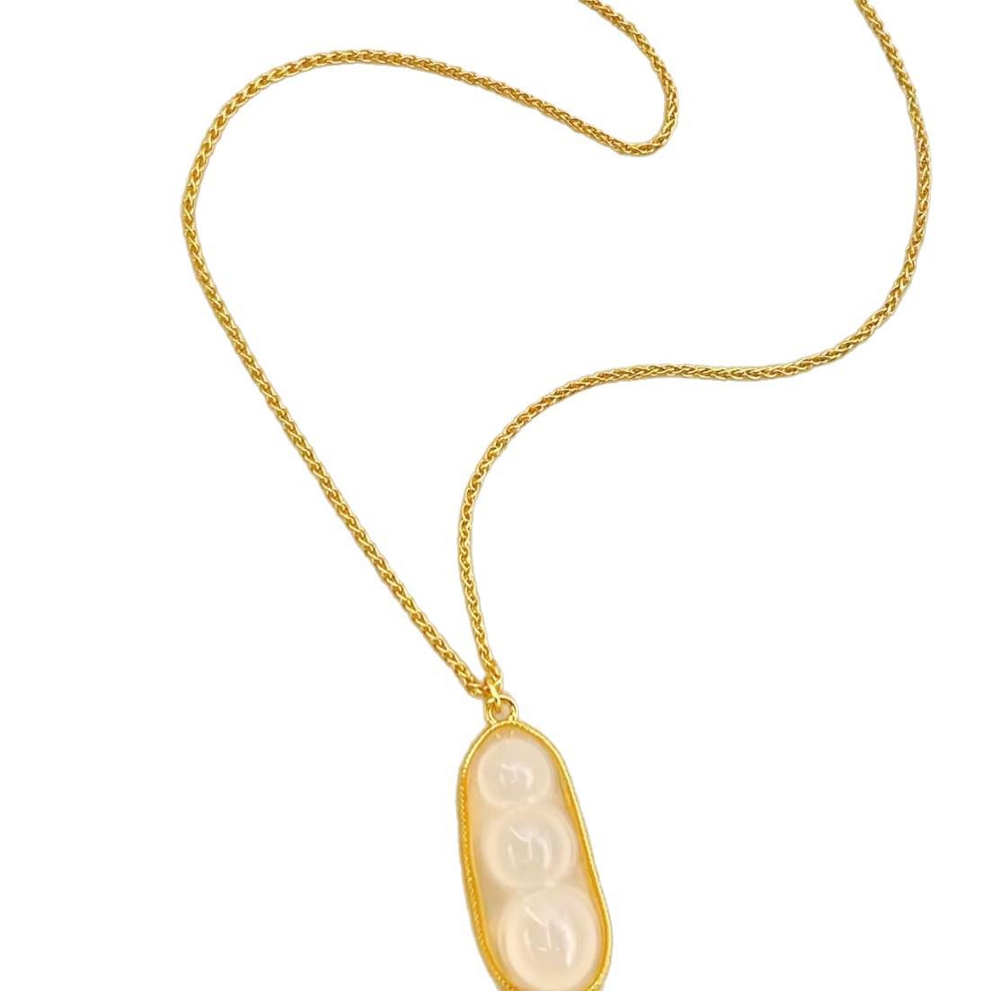 Icy White Chalcedony & Diamond Bean Pendant Necklace