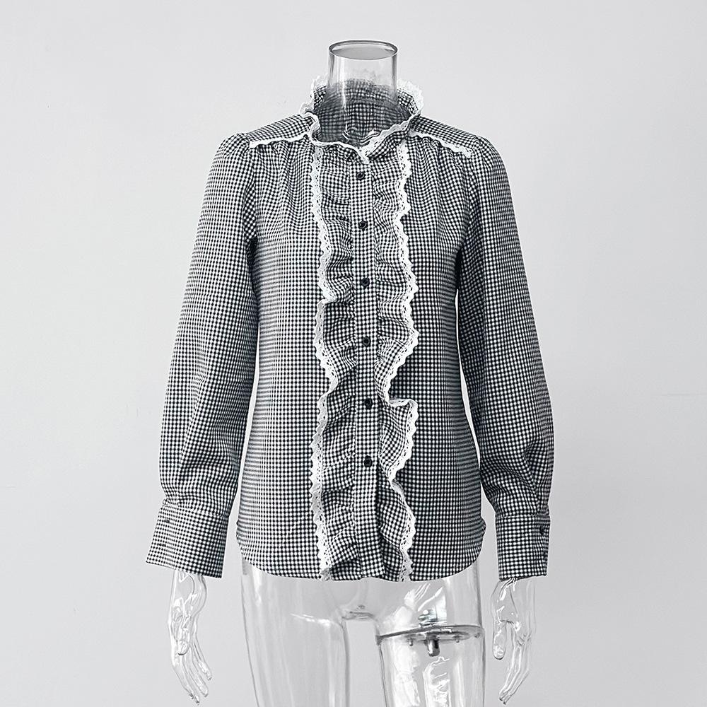 Europe, America, Spring and Autumn, Sweet Temperament, Plaid Lace, Long Sleeve Shirt, Top, Women s Clothing S