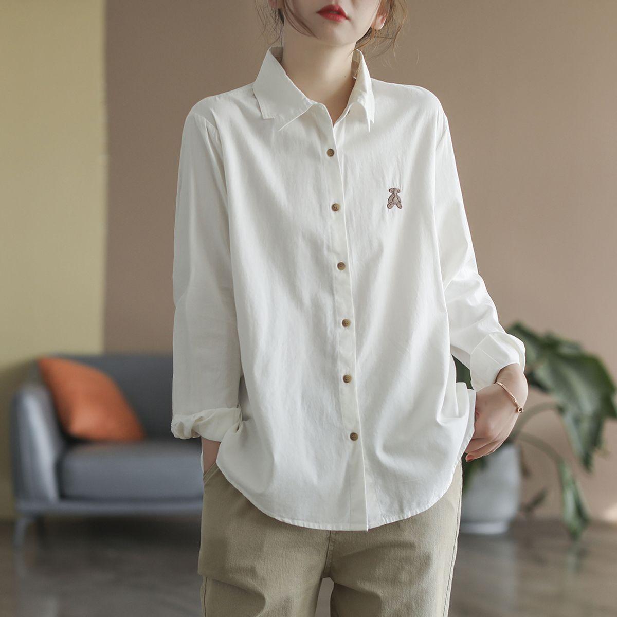 

Художественная универсальная вышитая ретро женская рубашка из хлопка свободного покроя с длинными рукавами на весну 2XL белый