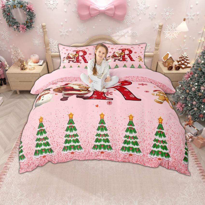 Homewish Xmas Monogrammed Duvet Cover Set For Boys Girls Christmas Santa Claus Bedding Set Girls Pink Snowflakes Quilt Cover