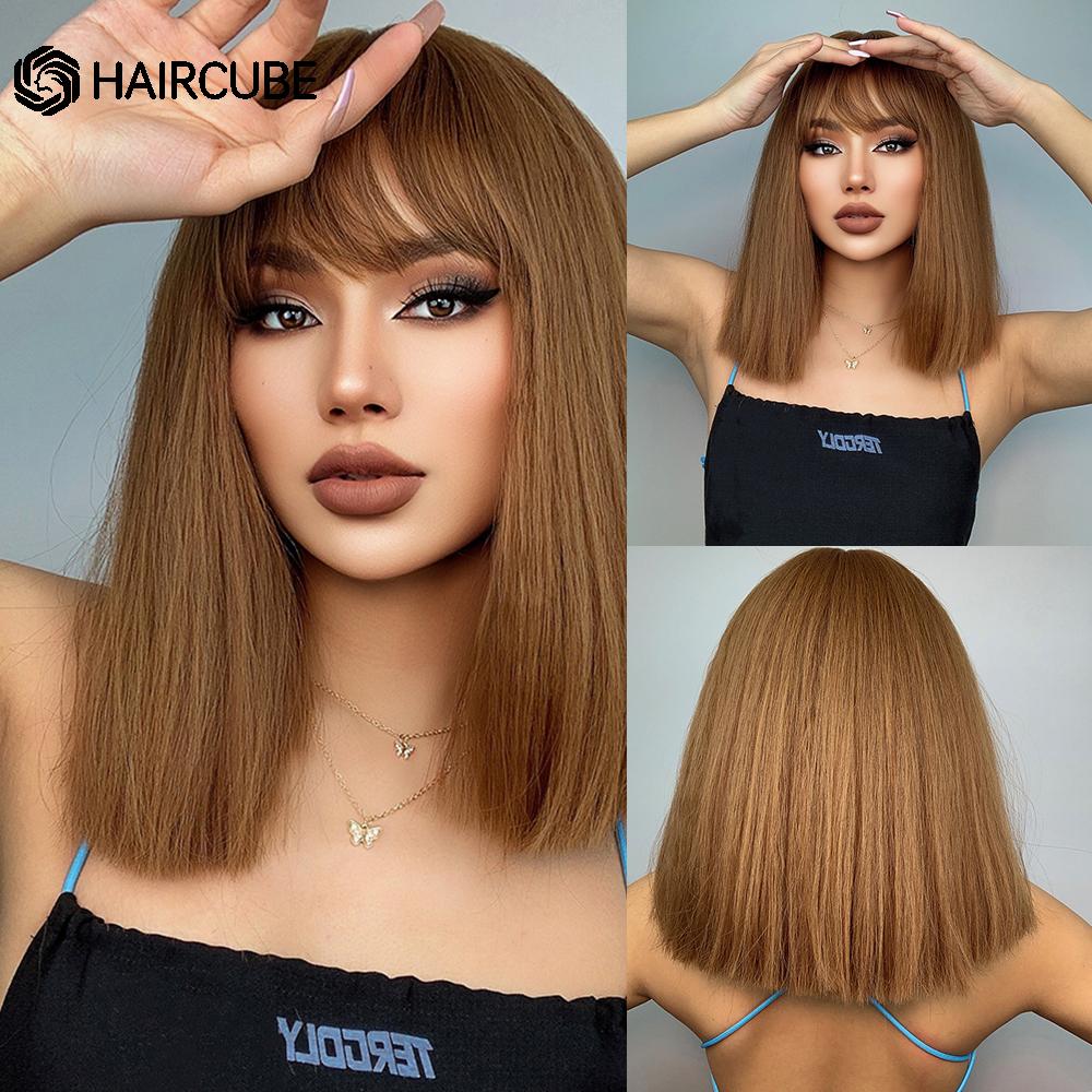 Medium Length Ombre Brown To Blonde Straight Hair Wigs with Bangs Synthetic Wigs for Women Cosplay Heat Resistant Natural Wigs