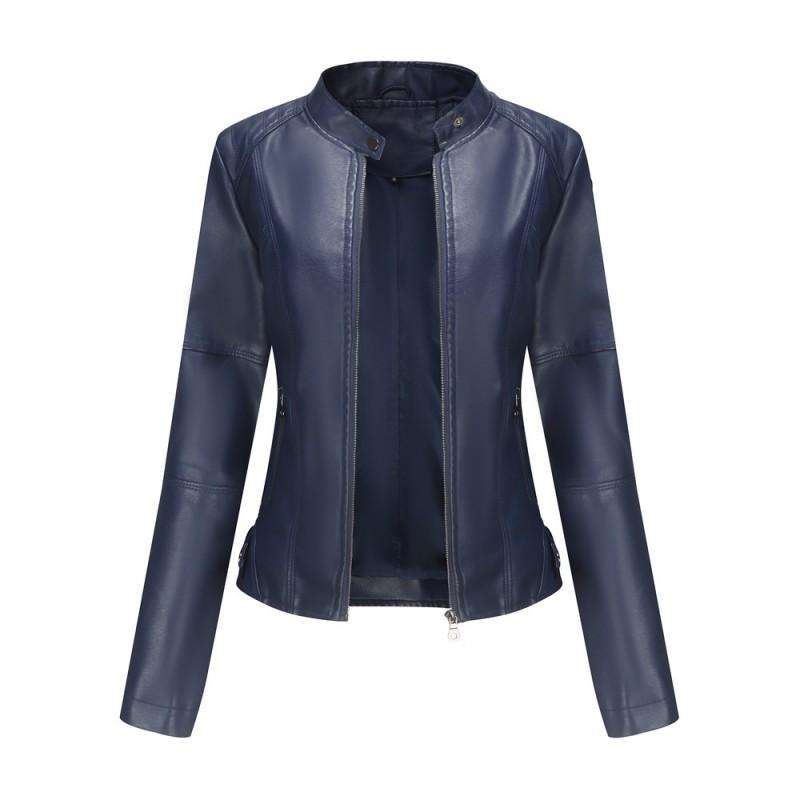 Womens Slim Fit PU Leather Jacket Stand Collar Biker Style Lightweight Coat
