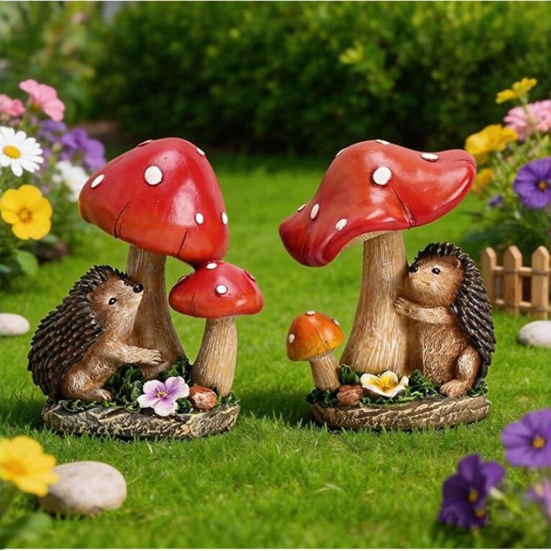 Garden Resin Mushroom Hedgehog Figurine - Micro Landscape Decoration Item - Indoor and Outdoor Courtyard Realistic Bonsai Decorative Piece