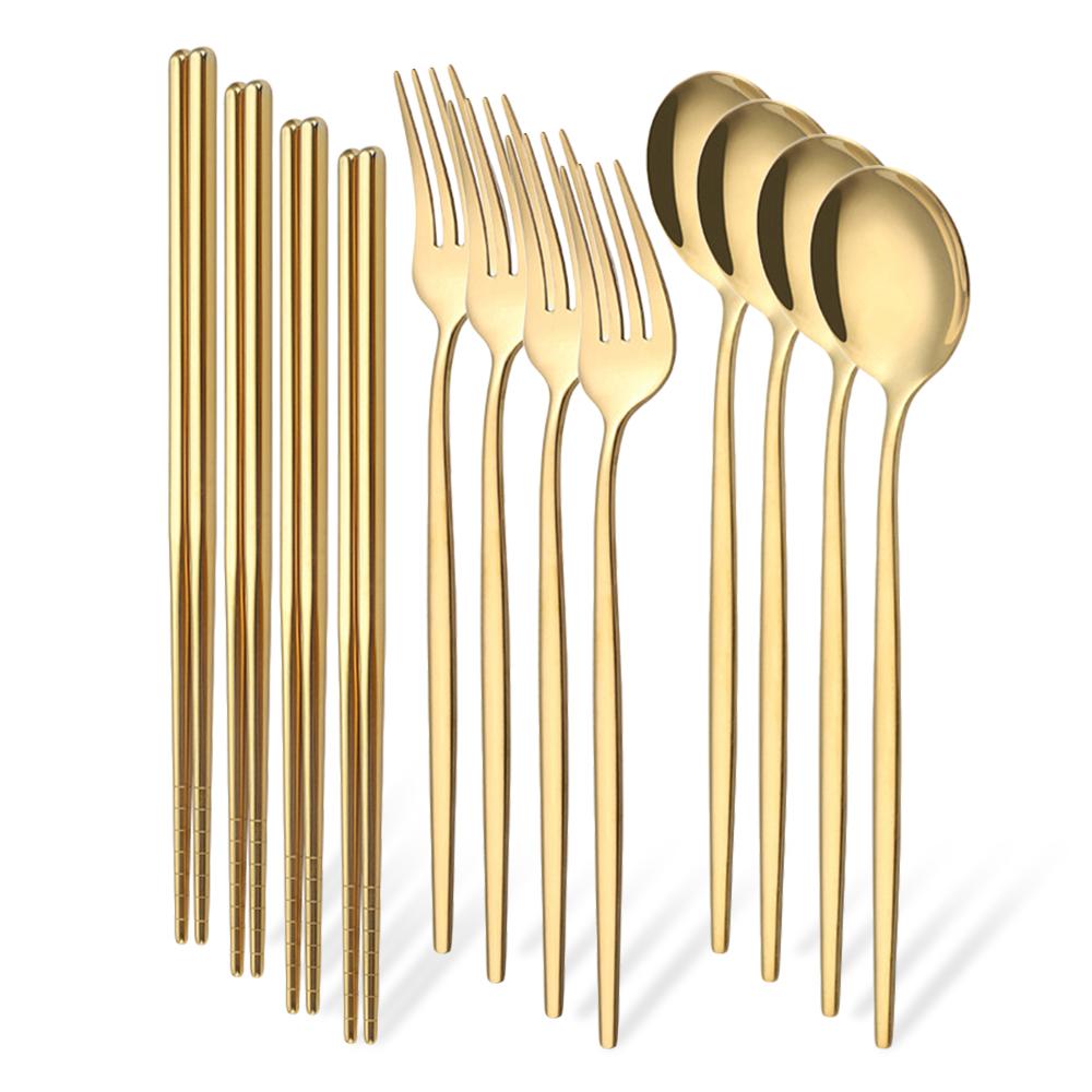 12Pcs/Set Western Golden Stainless Steel Cutlery Set Mirror Dinnerware Set Fork Spoon Chopsticks Tableware Flatware Set