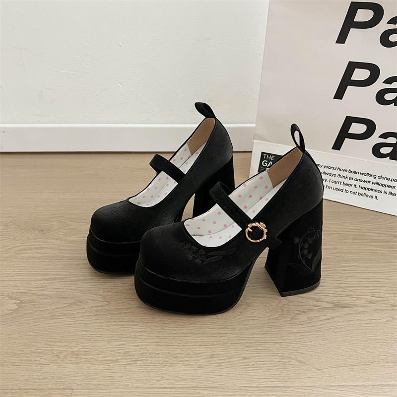 Fashion Women's Thick Heel Shoes Autumn New Round Head Shallow Mouth Embroidery Thick Sole Anti-slip Wear-resistant High Heels
