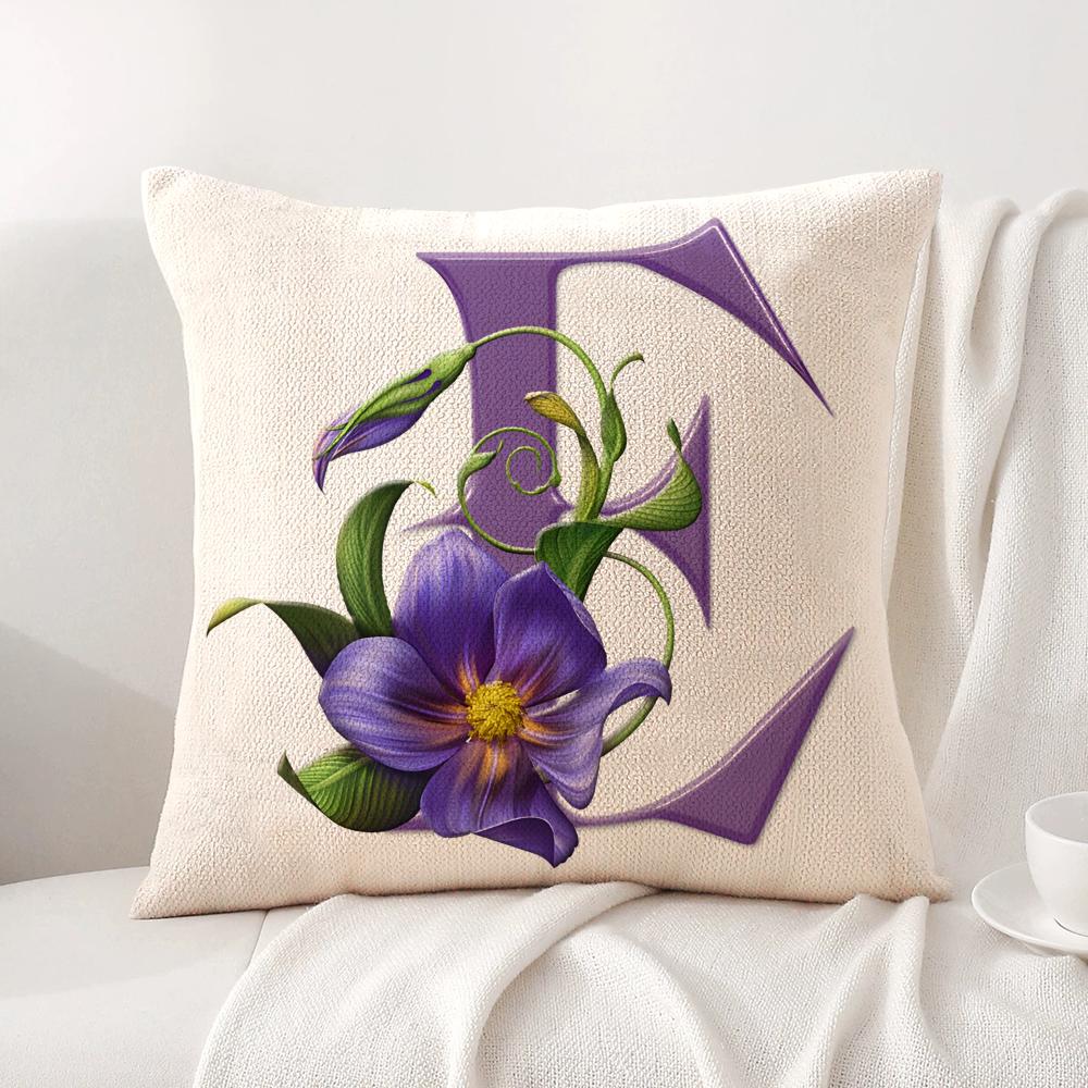 Simple Purple Flower Letters Cushion Cover Natural Linen Organic Fabric DoubleSided Printing Sofa Home Decor Breathable