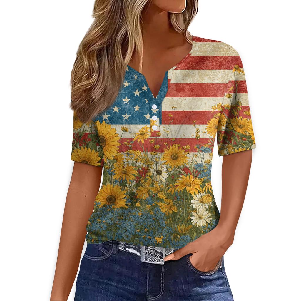 Women Casual V Neck Short Sleeve T Shirt Button Detail Sunflower Print Lightweight Summer Top for Everyday Wear