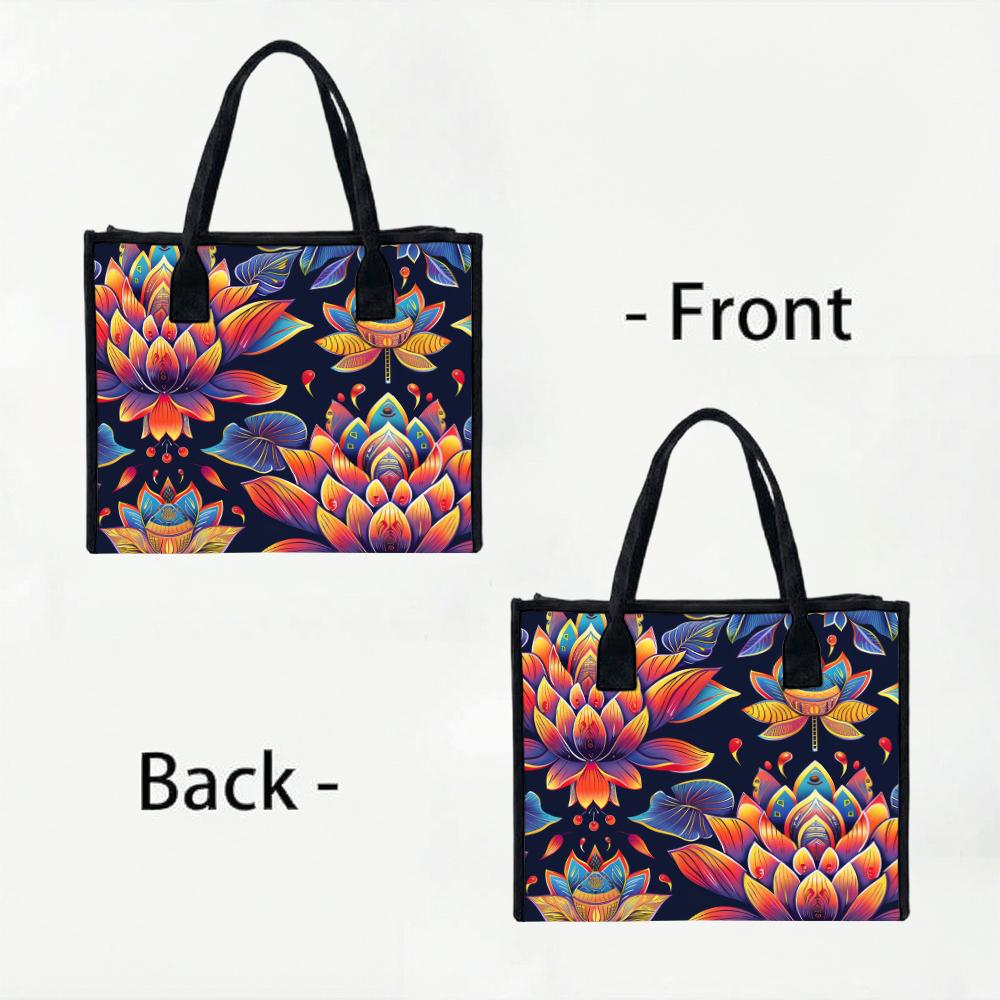 Vibrant Lotus Print Tote Bag Casual Daily Use Large Capacity Handbag for Shopping Travel