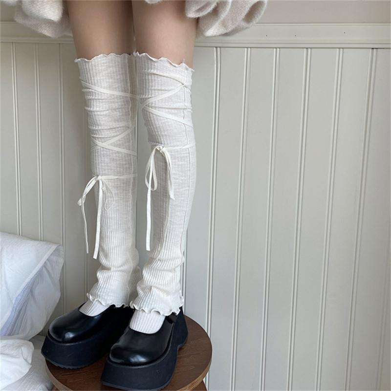 Japanese Ribbed Thigh High Leg Warmers Lace Up Bandages Over Knee Flared Leg Covers Ruffle Trim Footless Socks for Women
