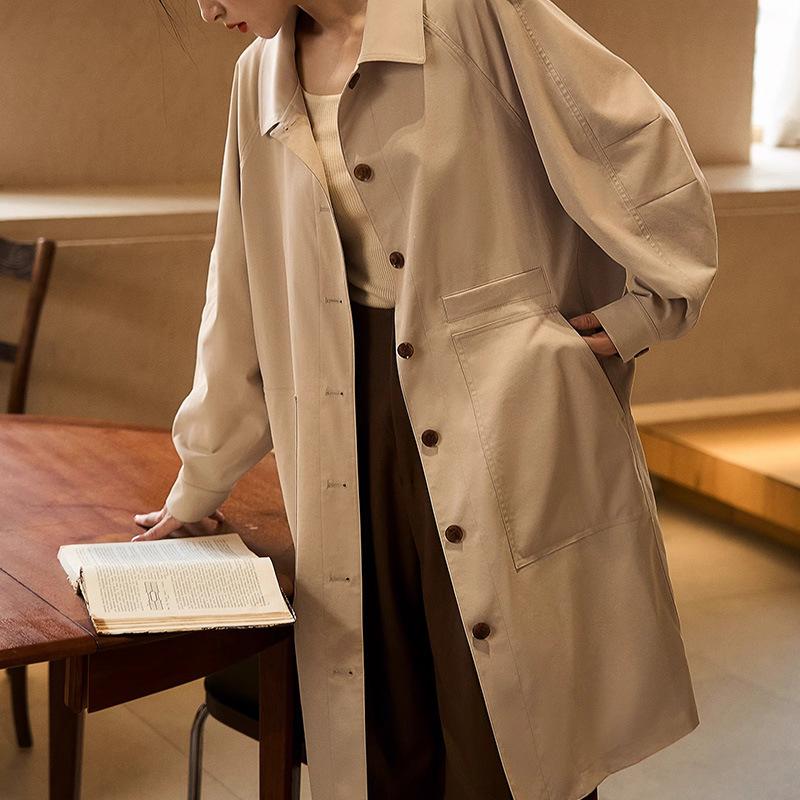 Classic Long-staple Cotton-blend Trench Coat Loose Lapel Mid-length High-end Spring and Autumn Women's Clothing Women's Coat