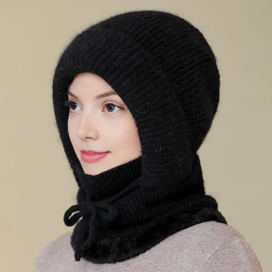 Gestrickte Wollmütze mit Schnürung zur Anpassung, Samtfutter, Gesichts- und Nackenschutz, Reitkopfbedeckung, Winterwärmemütze