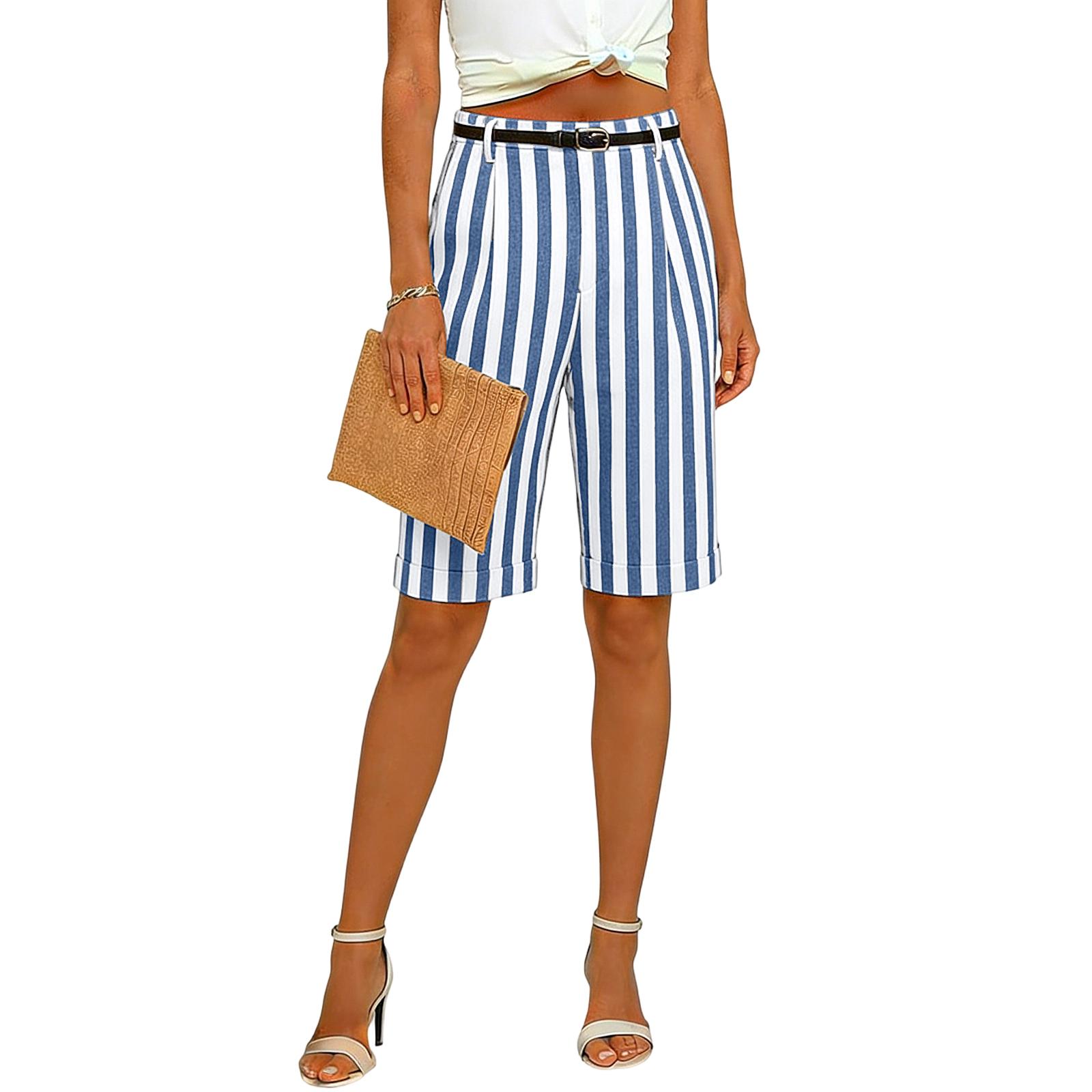 Women s Striped Casual Fashion Breathable Loose Cotton-Linen Shorts L