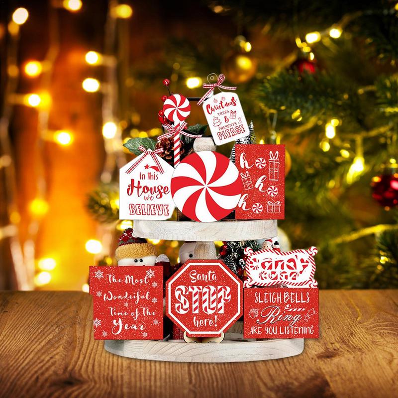 Christmas Tray Decor Candy Rustic Decorations Wooden 3D Sign For Home Dining Kitchen Counter Fireplace Mantel Shelf New Year