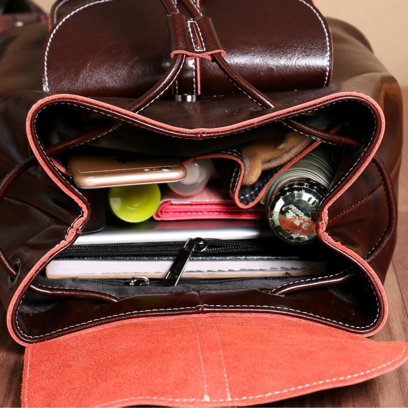 Genuine Waxed Leather Drawstring Women Backpacks Flap Ladies Travel Bag Stylish Korean Girl's School Bags
