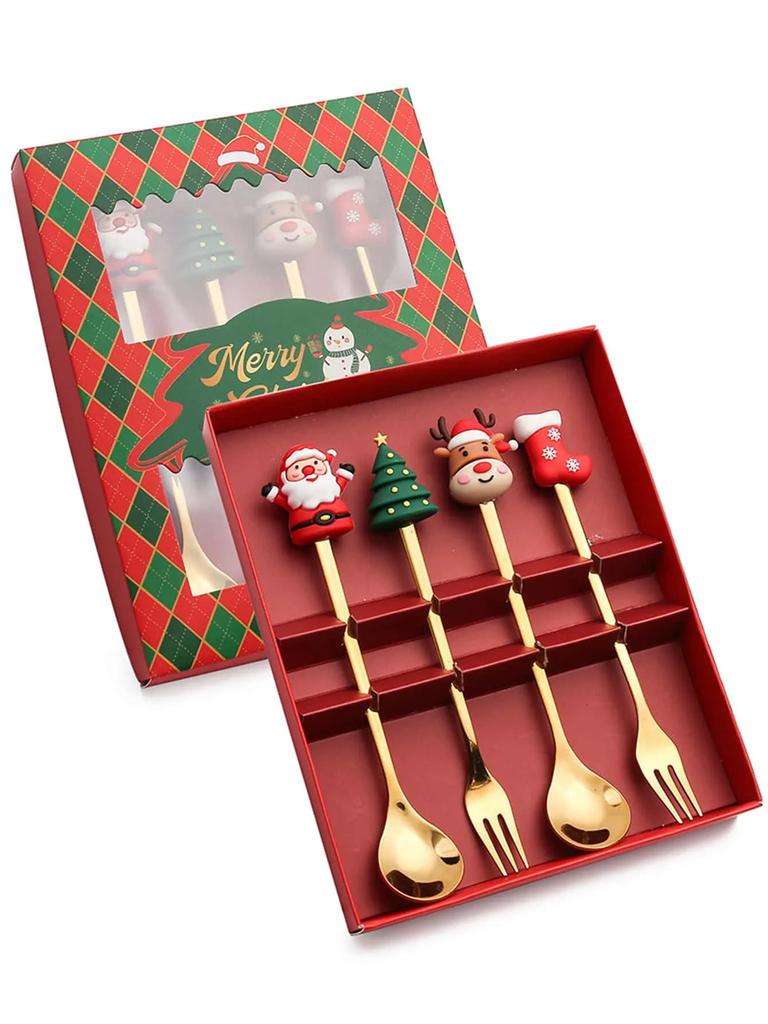 Leeseph Weihnachts-Kaffeelöffel-Gabel-Set (4/6 Stück), Edelstahllöffel Gabeln Weihnachtsgeschenke für Kinder(Rot/Grünes Geschenkbox-Set)