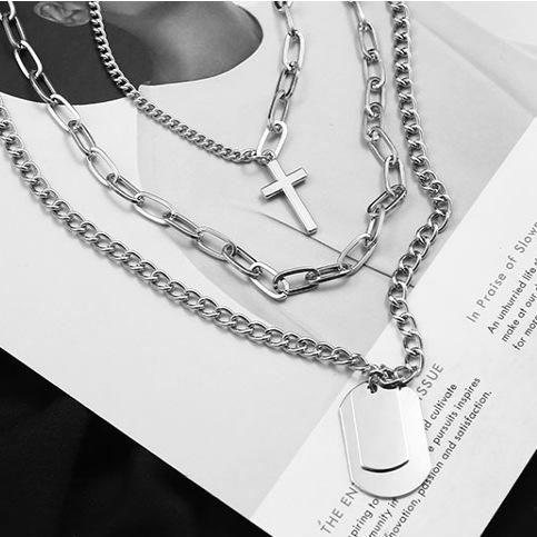 New multi-layer cross necklace women's trendy hip-hop sweater chain men's non-fading stainless steel chain accessories cool