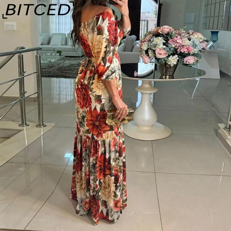 BITCED Summer Women's Outerwear: Fashionable and Elegant Printed Tie-Front V-Neck Full-Skirted Dress