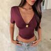Damen Tiefes V-Ausschnitt Metall-Dekor Kurzararm Schlanke Passform Crop Top