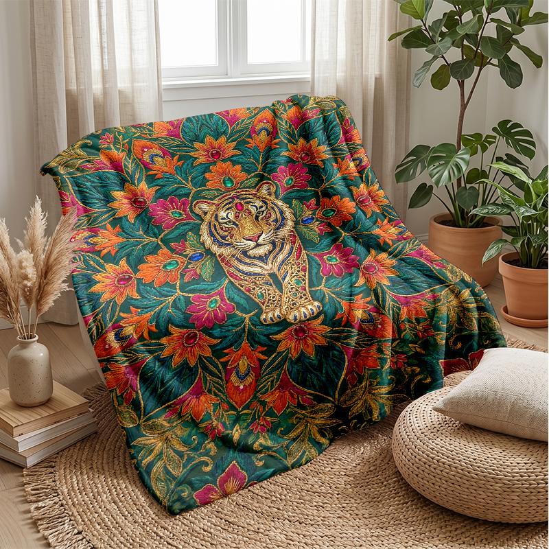 Tiger amidst floral splendor Theme blanket Lightweight Warm Flannel Blanket Decorative Throw Blanket for Home Decoration