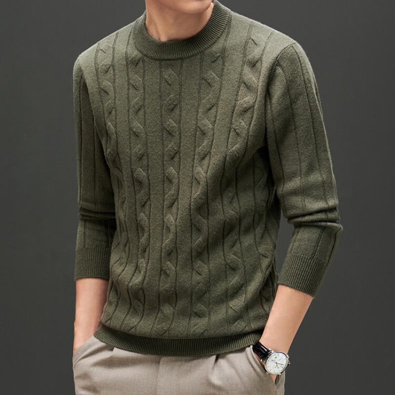 Men's Thick Cable Knit 100% Wool Sweater - Warm and Casual Autumn/Winter Base Layer Knitwear