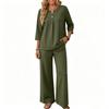 Women’s Casual Two Piece Outfit Seven Sleeve Button Top and Wide Leg Pants Set for Everyday Comfort and Relaxed Style