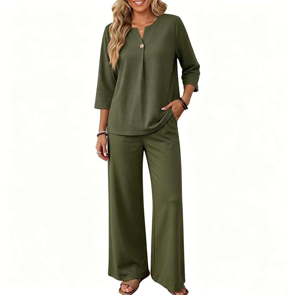 Women’s Casual Two Piece Outfit Seven Sleeve Button Top and Wide Leg Pants Set for Everyday Comfort and Relaxed Style