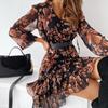 Dress Women Spring Flower Print Soft V Neck Long Sleeves Ruffle Dress-up See-through Chiffon Lady Fall Female Clothes