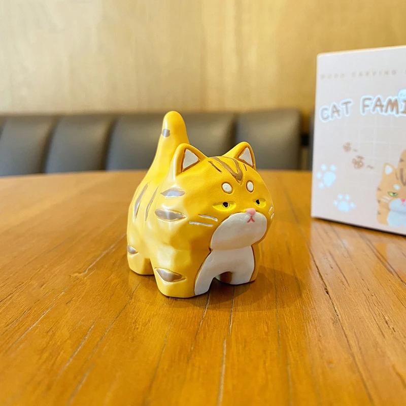 Cartoon Cat Ornament Home Desktop Car Interior Decoration Meow Wood Carving Style Resin Small Ornaments Original Creative Gifts
