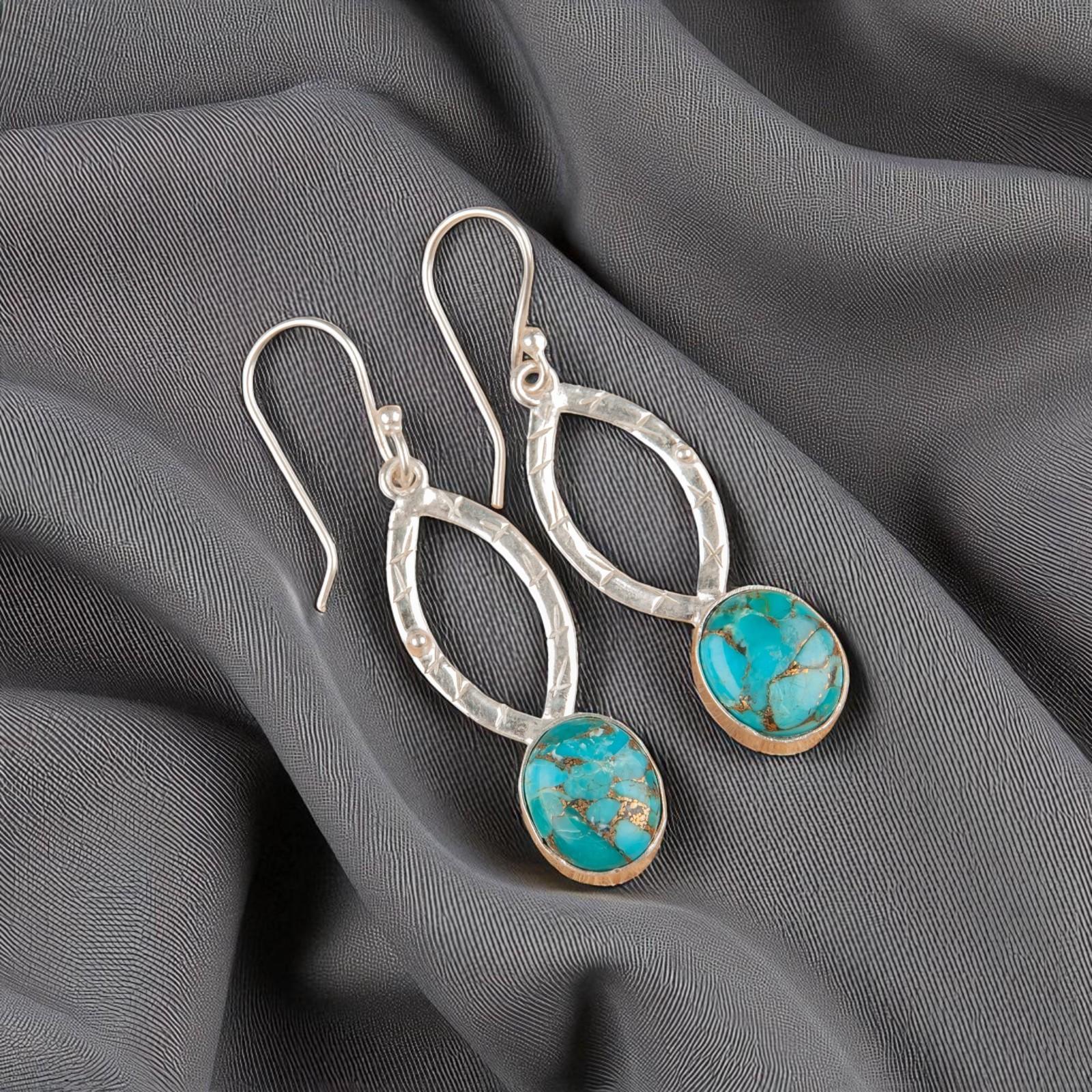 

Blue Copper Turquoise Gemstone 925 Sterling Silver Jewelry Handmade Earrings 2 EE-87-39