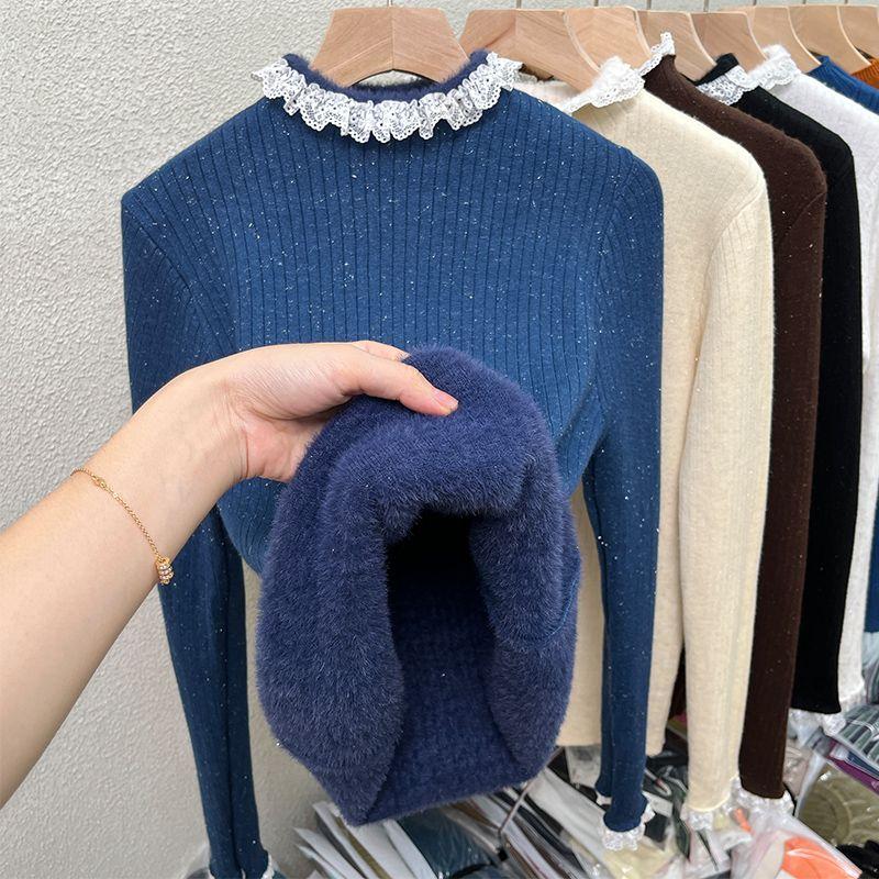 

Цельный бархатный утолщенный кружевной свитер с высоким воротом для женщин с зимней грибковой кромкой, вязаный базовый свитер для женщин 3XL