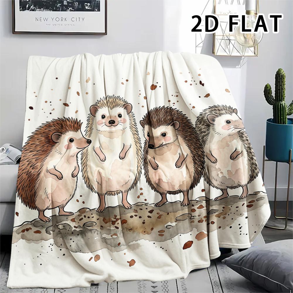 1Pc Watercolor Hedgehog Print Flannel Blanket,High quality Comfortable for All Seasons,Home Decor,Warmth and Comfort,Perfect for Christmas Gifts