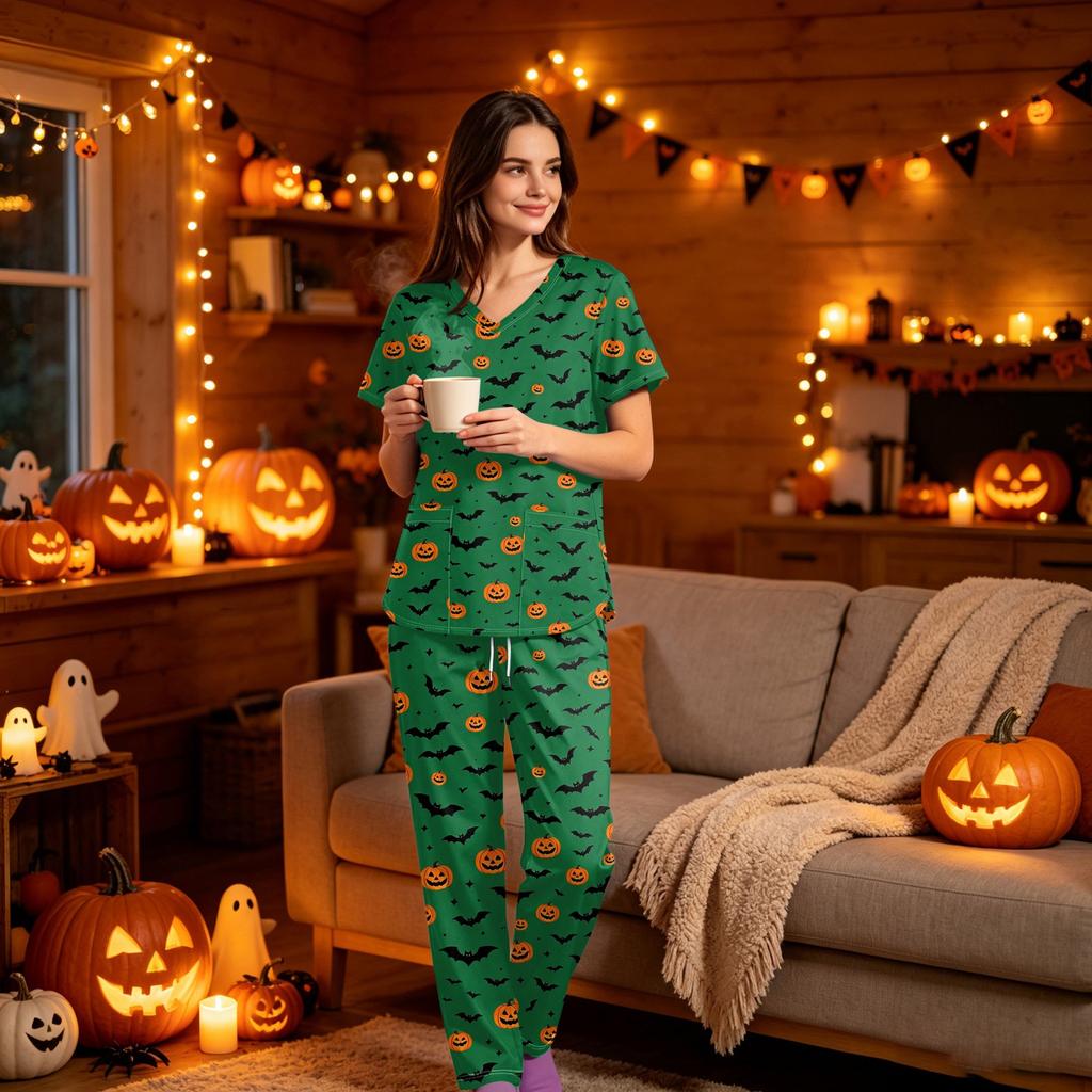 Women's Halloween Print Scrub Set, V Neck Short Sleeve with Pockets and Pants, 2 Piece Uniform