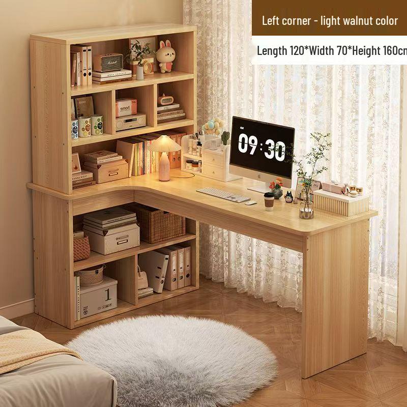 Compact Corner Computer Desk with Integrated Bookshelf & Vanity for Bedroom or Home Office