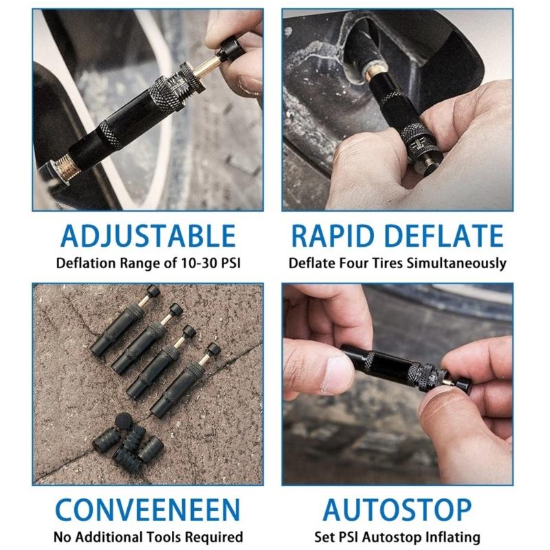 Screw On Auto Shut Off Tire Deflator set Adjustable Air Release Valves Tire Air Down Tool set for Offroad Vehicle Tires