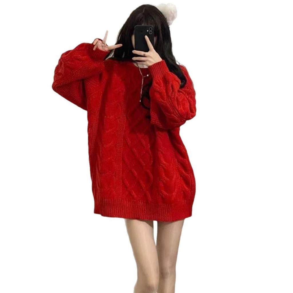 Women's crew neck twist knitted sweater new autumn and winter purple outer wear sweet sweater women's lazy outer wear top