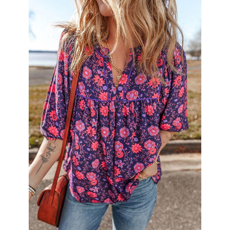 American Shiying Spring New Arrival Florals V Neck Chiffon Shirt Women 2025 Fashion Fashion Colorblock Half Sleeve Tops