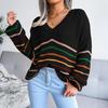 Loose Rainbow Striped Women Sweater V Neck Long Sleeve Fall Winter S-L