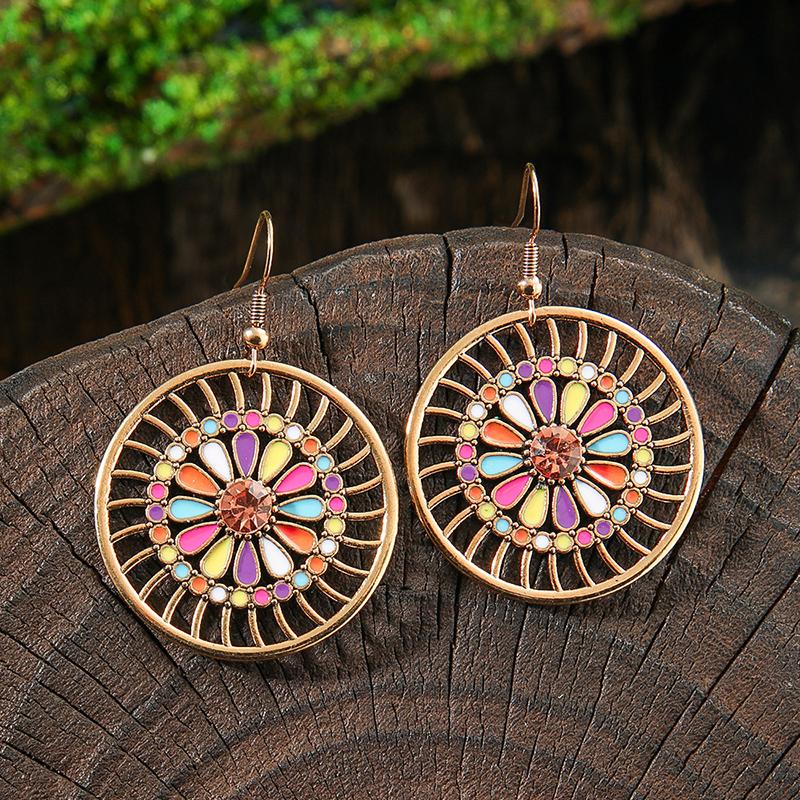 Orecchini Smaltati Colorati Etnici Retrò Bohemien da Donna Boho Fiore Vuoto Geometrico Rotondo Vintage Pendenti Gioielli Regalo